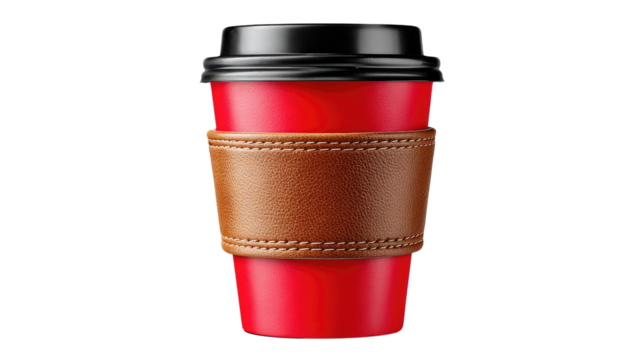 Crimson Coffee: A vibrant red coffee cup, protected by a sleek leather sleeve, ready to provide a moment of warmth, filled with rich coffee, capturing the essence of a comforting routine.
