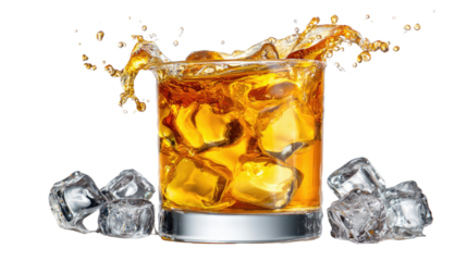 Whiskey Splash with Ice Cubes: The amber liquid bursts from its glass as ice cubes create a dynamic scene, this photo encapsulates refreshment.