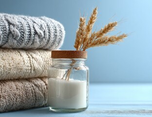 Stacked sweaters and a wheat sprig in a glass jar
