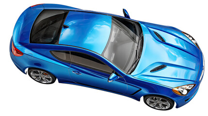 Fototapeta premium A Blue Coupe's Aerial Vista: A sleek, blue coupe car is showcased in an aerial shot, highlighting its aerodynamic design and powerful presence. It offers a fresh perspective on automotive design.