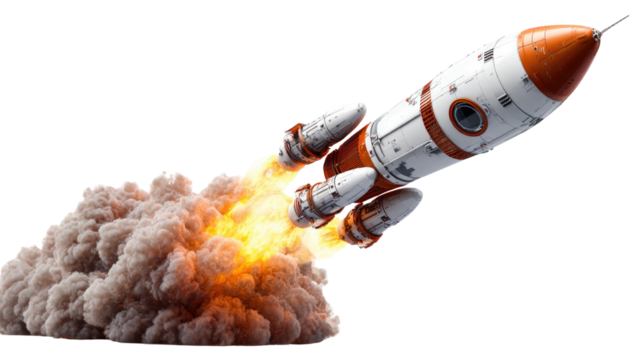 Rocket Launch into Space: A powerful rocket, streaks across the sky, leaving a trail of fire and smoke as it ventures into the cosmos. Evoking the spirit of discovery and boundless possibilities.