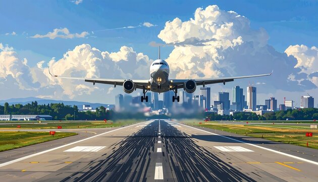 Airliner taking off at the airport with a city skyline in the background