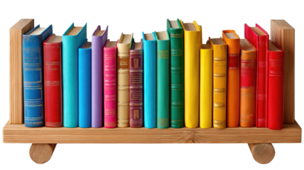 Bookshelf Full of Literature: A charming wooden bookshelf is filled with a vibrant collection of books. Each book showcases a different color, forming a rainbow of knowledge and stories. 