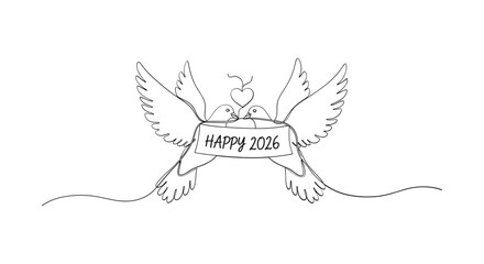 Two whimsical owls with spread wings holding a banner with the word wedding in a hand drawn sketch style