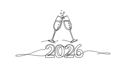Minimalist line art of champagne glasses toasting above the year 2026 celebration
