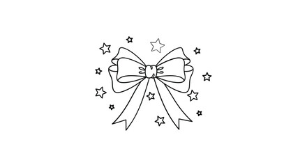 Simple hand drawn outline of a decorative bow with scattered stars on a white background