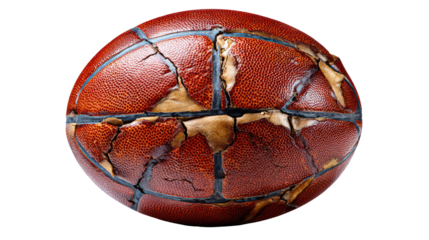 Weathered Basketball: A close-up shot of a worn basketball. Its texture speaks of countless games and the passage of time. The peeling leather reveals the story of use and dedication. 