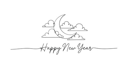 Hand drawn crescent moon and clouds with happy new year calligraphy