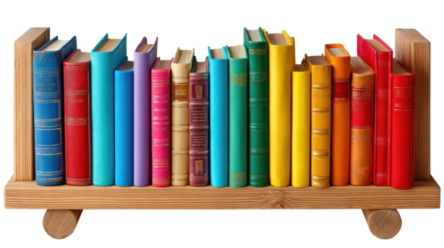 Bookshelf Full of Literature: A charming wooden bookshelf is filled with a vibrant collection of books. Each book showcases a different color, forming a rainbow of knowledge and stories. 