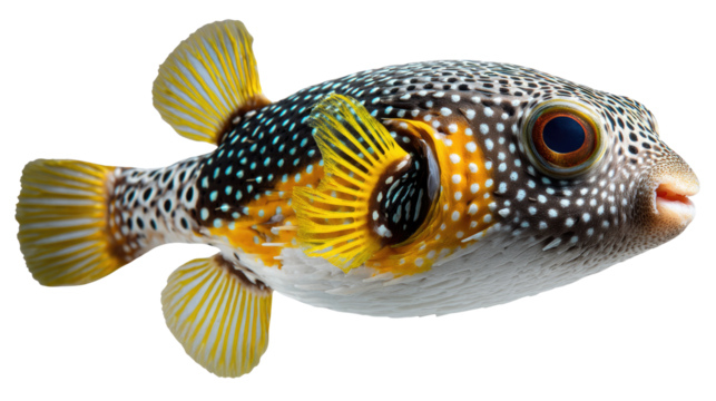 Pufferfish close up : The eye-catching pufferfish with a polka-dotted body and vibrant fins, a captivating view into marine life's vibrant world.