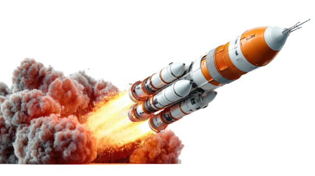 Rocket Ascent: An orange and white rocket streaks skyward against the backdrop of an eruption, symbolizing innovation and the pursuit of dreams.