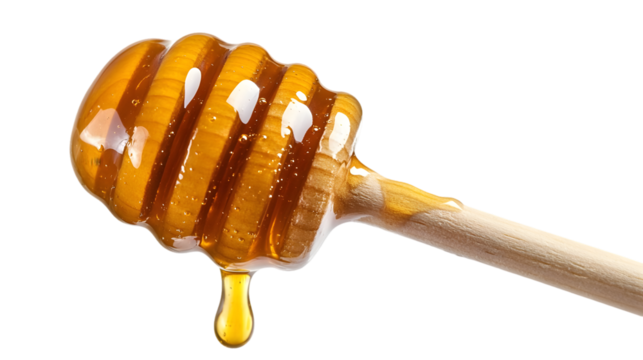 Close up of honey dripping from a wooden honey dipper against a black background studio shot