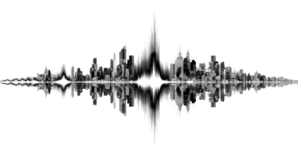 Cityscape Symphony: A dramatic black and white image depicts a stylized cityscape as a sound wave, reflecting in the water below, symbolizing the city's vibrant pulse.