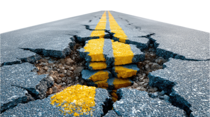 Road to Destruction: The image captures the dramatic visual of a road, violently torn asunder, with fissures splitting the asphalt, depicting destruction and the challenges of the future