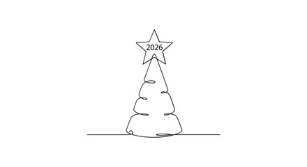 Minimalist outline drawing of a christmas tree with a star on top on a white background