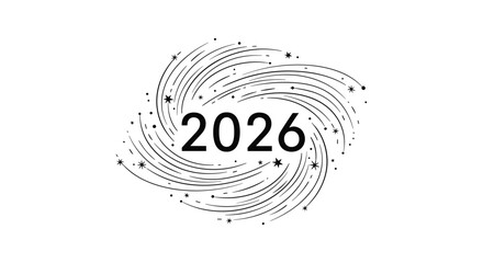 Abstract swirling lines and dots forming a circular pattern around the year 2026