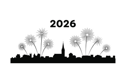 Silhouette of a city skyline with fireworks and the year 2026 celebrating the new year