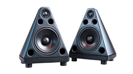 Geometric Harmony: Two stylish speakers in a futuristic, angular design, showcasing a sleek, modern aesthetic and exceptional sound quality.