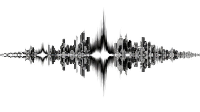 Cityscape Symphony: A dramatic black and white image depicts a stylized cityscape as a sound wave, reflecting in the water below, symbolizing the city's vibrant pulse. - Powered by Adobe