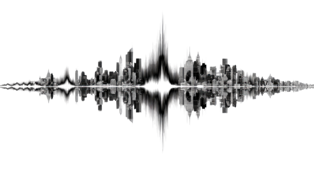 Cityscape Symphony: A dramatic black and white image depicts a stylized cityscape as a sound wave, reflecting in the water below, symbolizing the city's vibrant pulse.