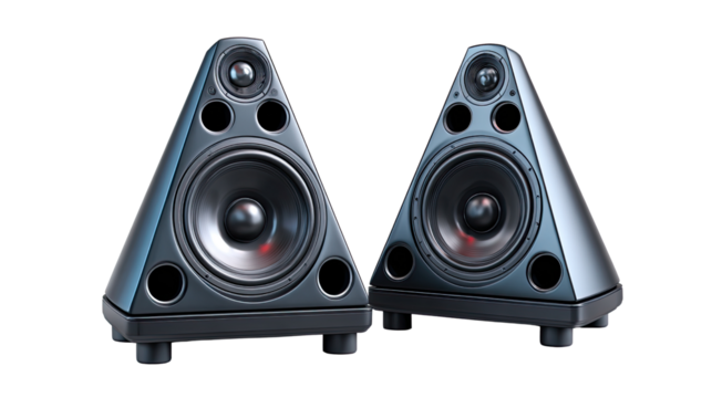 Geometric Harmony: Two stylish speakers in a futuristic, angular design, showcasing a sleek, modern aesthetic and exceptional sound quality.