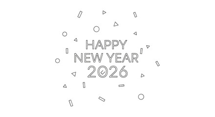 Happy new year 2026 text with confetti and abstract shapes on white background