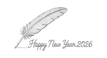 Elegant feather pen and happy new year 2026 greeting