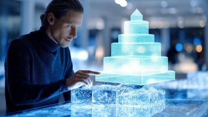 Focused young man explores futuristic digital interface with glowing holographic data blocks in a modern high tech workspace. Innovative technology and artificial intelligence concepts are highlighted - Powered by Adobe