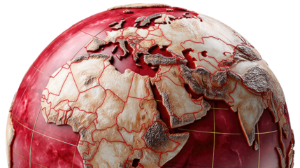 Red Earth in the World: A globe with the image of earth depicted in red hues, its continents delicately defined, an artistic representation of our planet.
