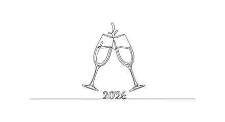 Elegant line art toasting champagne glasses on white background