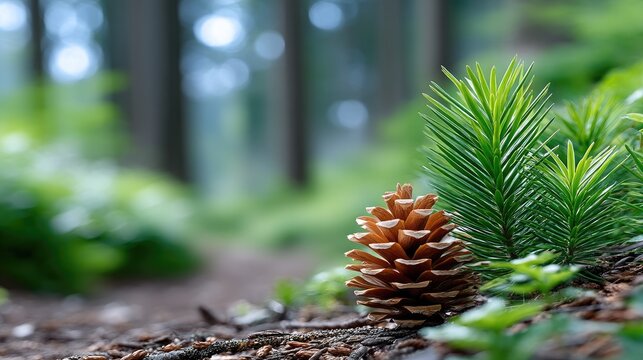 Close up detailed photo of a single brown pine cone resting on a forest floor with green pine needles and blurred trees in the background soft natural lighting creating a serene natural environment.