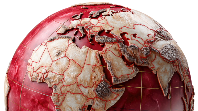 Red Earth in the World: A globe with the image of earth depicted in red hues, its continents delicately defined, an artistic representation of our planet.