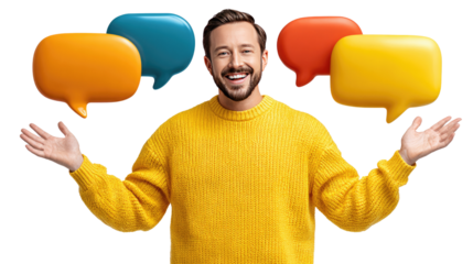 Communication and Connection: A smiling individual, surrounded by colorful speech bubbles, radiates positive energy, illustrating the power of dialogue, social interaction, and connection.