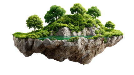 Floating Island Oasis: A breathtaking floating island teems with life, showcasing verdant trees, lush green grass, and serene clear water, creating an enchanting and surreal landscape.