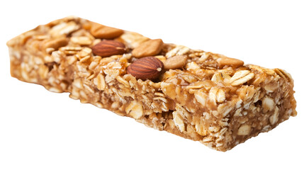 A close up view of a granola bar with oats and nuts on a black background for healthy snack