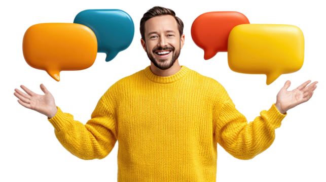 Communication and Connection: A smiling individual, surrounded by colorful speech bubbles, radiates positive energy, illustrating the power of dialogue, social interaction, and connection.