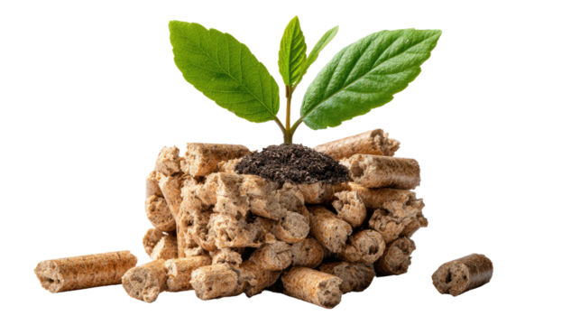 Eco-friendly pellets: A visual representation of sustainable living and renewable energy, showcasing wooden pellets supporting a thriving plant, signifying growth and environmental responsibility.