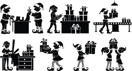 Christmas elves wrapping gifts, holiday workshop teamwork, festive packaging, Santa's helpers, conveyor belt, black and white silhouette illustration, seasonal preparation