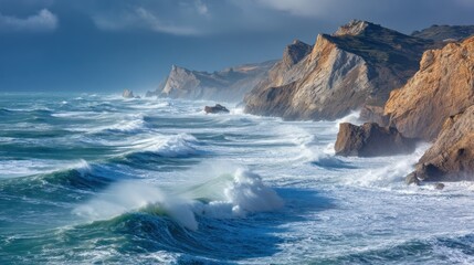 A dramatic coastal landscape with rugged cliffs and crashing waves, featuring a large rock formation in the foreground and a stormy sky with dark clouds.