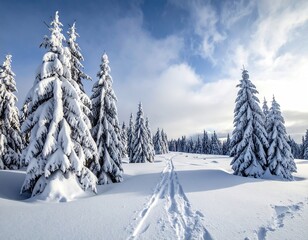Fototapeta premium Winter Landscape of Snowy Spruce Forest Under Clear Blue Sky Majestic Winter Scene Snow Covered Trees Against a Bright Sunny Blue Sky Serene