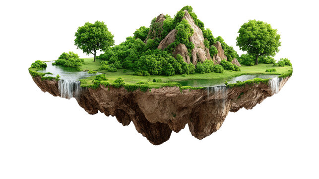 Enchanted Island: A breathtaking floating island scene, adorned with lush greenery, waterfalls, and towering trees, evokes a sense of tranquility. The image exudes a whimsical, fantasy setting.