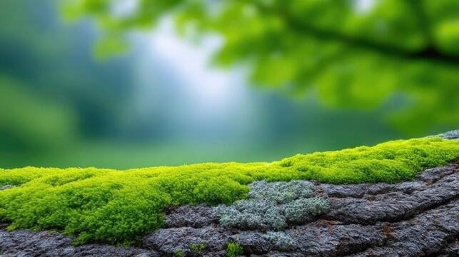 Close up of a tree trunk covered in vibrant green moss and textured bark with a blurred forest background and soft sunlight filtering through green leaves above - Powered by Adobe