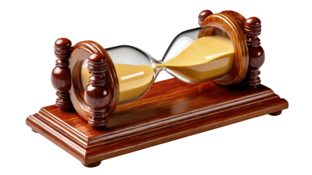 Timeless Passage: An antique hourglass, its wooden frame gracefully holding the sands of time as they cascade, signifying the continuous flow of moments.