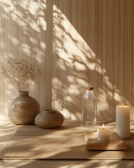 stylized wellness concept with minimal yoga mat, candle, and water bottle in gentle warm hues