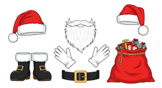Illustration of santa claus costume elements including hat beard boots and gift bag