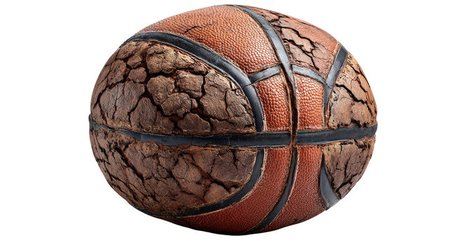Cracked Leather Basketball: A basketball, its aged leather surface intricately cracked, embodies the wear and tear of countless games and the passage of time.  - Powered by Adobe
