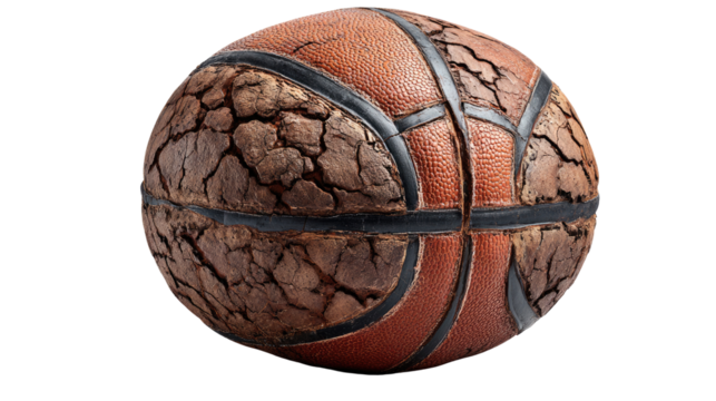 Cracked Leather Basketball: A basketball, its aged leather surface intricately cracked, embodies the wear and tear of countless games and the passage of time. 