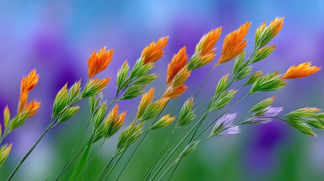Close up view of tall green grass with orange and purple flowers in a sunlit meadow with a soft focus background
