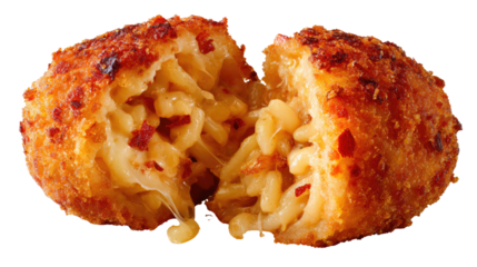 Delicious Mac and Cheese Ball: a close-up image of a perfectly fried mac and cheese ball, split open to reveal the creamy, cheesy interior and crunchy exterior.
