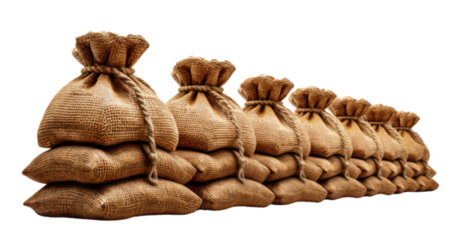 Piles of Sandbags in a Row: A structured collection of sandbags, each meticulously filled and secured, stands in a line, creating a visual display of resilience and preparation.
